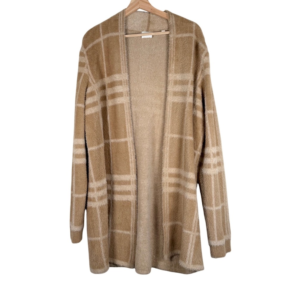 Cyrus Womens Camel Plaid Fuzzy Eyelash‎ Knit Open Front Cardigan Sweater L